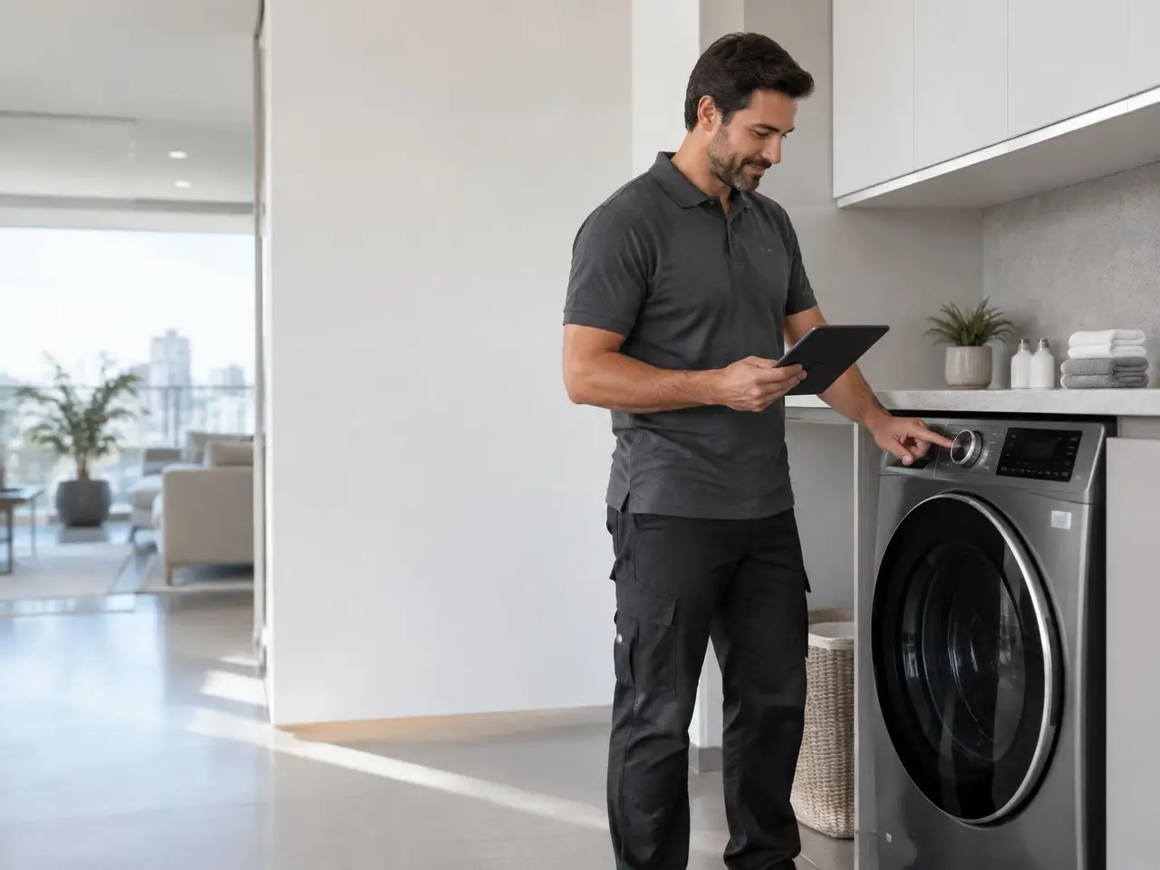 Técnico realizando diagnóstico em Lava e Seca LG em apartamento