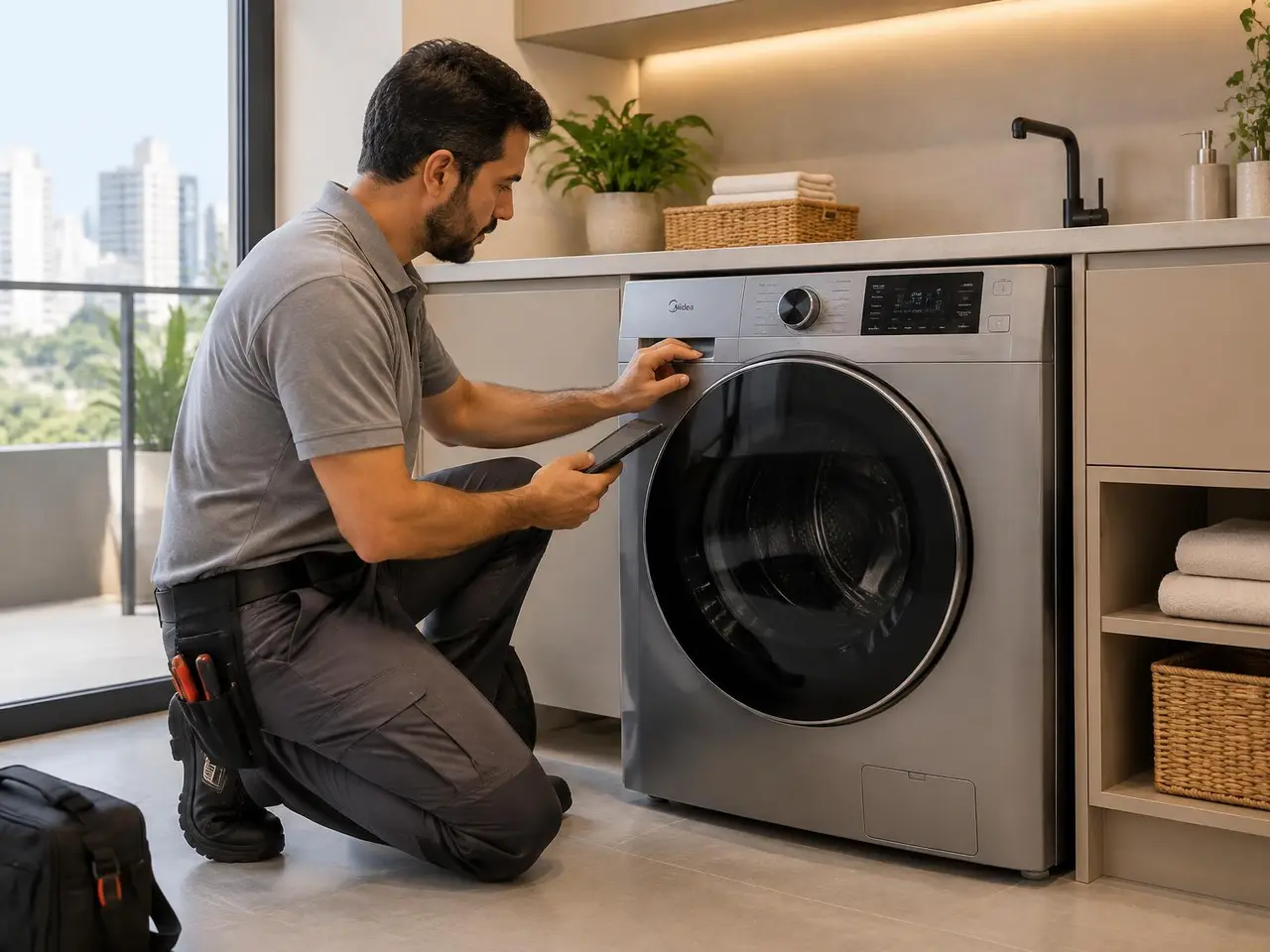 Técnico realizando diagnóstico em Lava e Seca Midea em apartamento