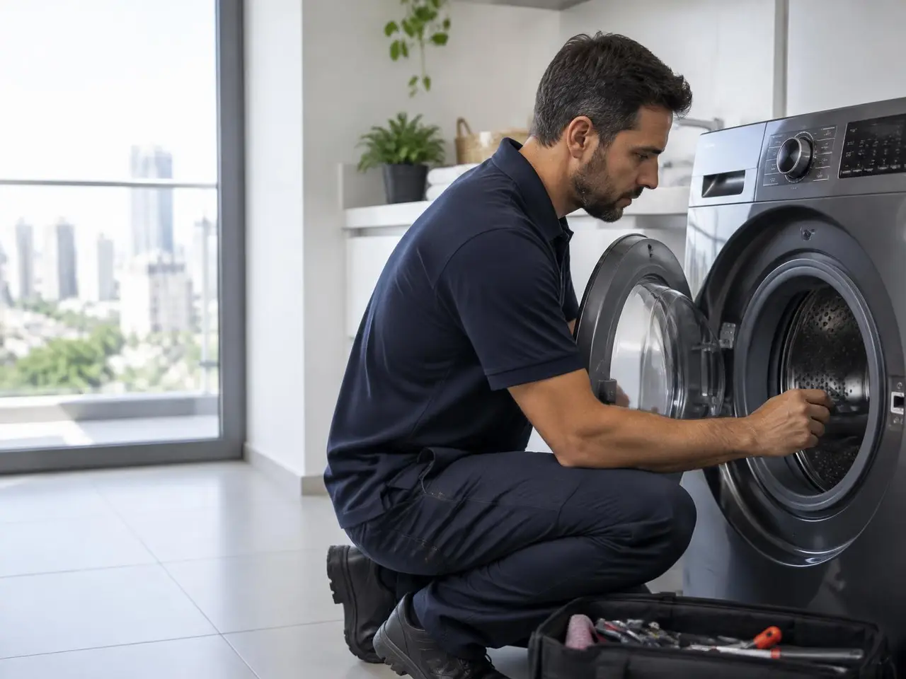 Técnico realizando diagnóstico em Lava e Seca Samsung em apartamento