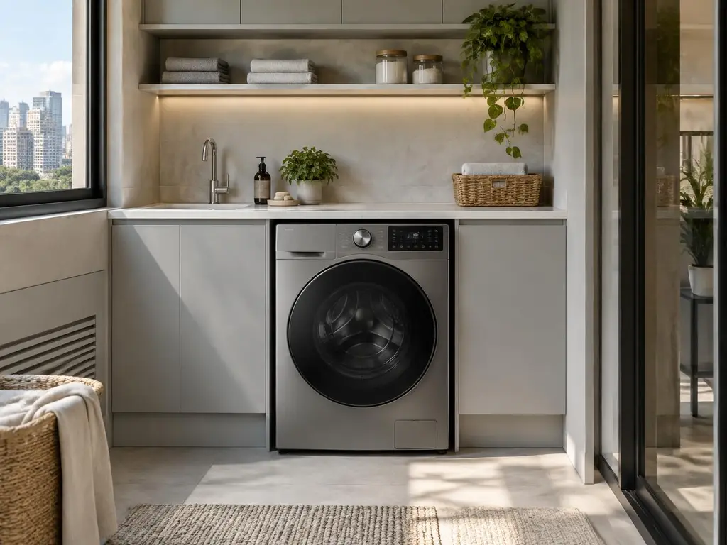 Lava e Seca LG instalada em lavanderia planejada de apartamento