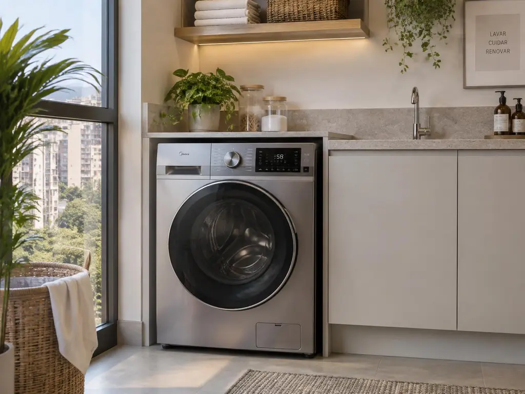 Lava e Seca Midea instalada em lavanderia planejada de apartamento