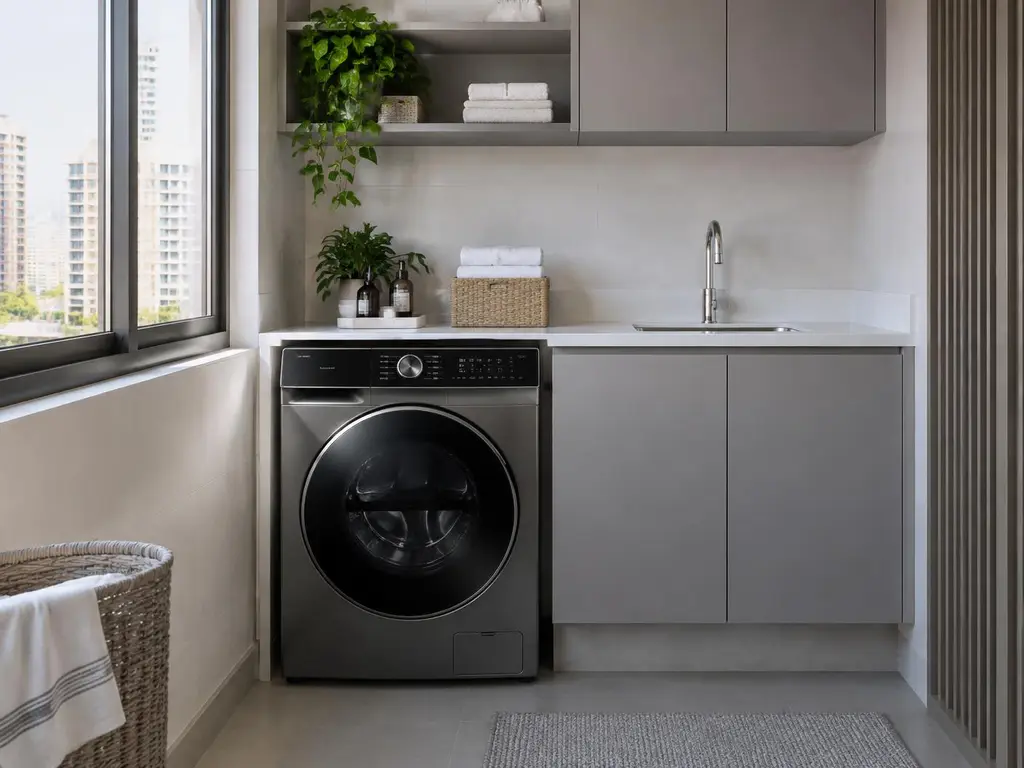 Lava e Seca Samsung instalada em lavanderia planejada de apartamento