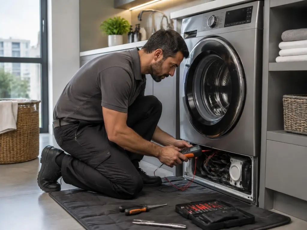 Técnico especializado realizando manutenção em Lava e Seca LG