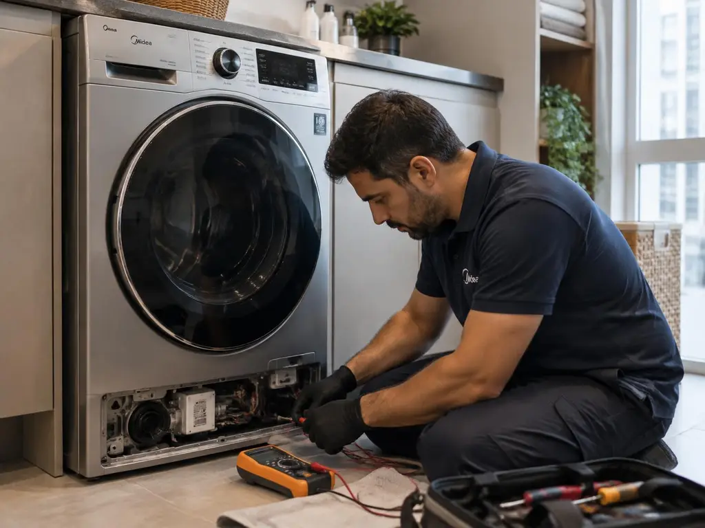 Técnico especializado realizando manutenção em Lava e Seca Midea
