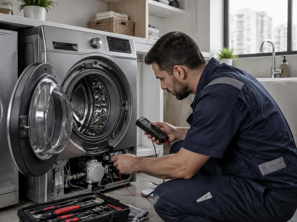 Técnico especializado realizando manutenção em Lava e Seca Samsung